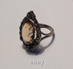 Ancien Bijou Bague Argent Massif 925 Marcassite Quartz Fumé Taille # K4