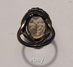 Ancien Bijou Bague Argent Massif 925 Marcassite Quartz Fumé Taille # K4