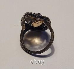 Ancien Bijou Bague Argent Massif 925 Marcassite Quartz Fumé Taille # K4