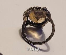 Ancien Bijou Bague Argent Massif 925 Marcassite Quartz Fumé Taille # K4