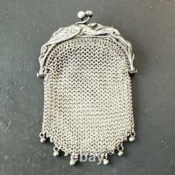 Ancien Bourse En Argent Massif Art Nouveau Porte Monnaie Décors cigogne