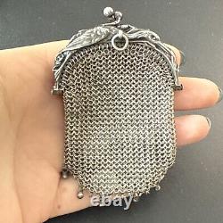 Ancien Bourse En Argent Massif Art Nouveau Porte Monnaie Décors cigogne