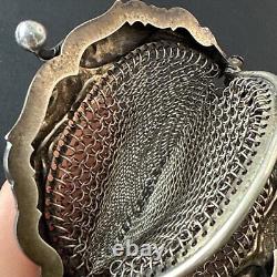 Ancien Bourse En Argent Massif Art Nouveau Porte Monnaie Décors cigogne