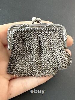 Ancien Bourse En Argent Massif Art Nouveau Porte Monnaie Décors noeud