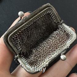 Ancien Bourse En Argent Massif Art Nouveau Porte Monnaie Décors noeud