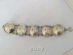 Ancien Bracelet Argent Massif Pièces De Monnaie 5f Semeuse Roty