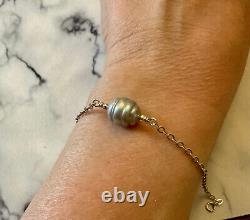 Ancien Bracelet Argent Massif Poinçon Art Déco Perle Tahiti Grise Naturelle
