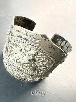 Ancien Bracelet Gourmette En Argent Massif Silver Maille Jonc ethnique Asie