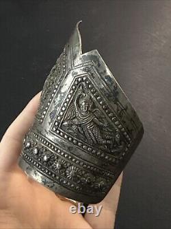 Ancien Bracelet Gourmette En Argent Massif Silver Maille Jonc ethnique Asie