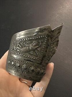 Ancien Bracelet Gourmette En Argent Massif Silver Maille Jonc ethnique Asie