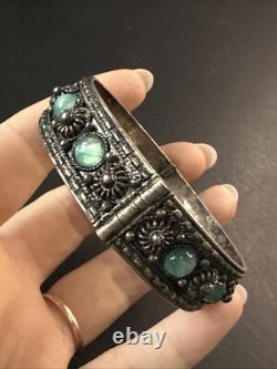 Ancien Bracelet Gourmette En Argent Massif Silver Maille Jonc ethnique boule