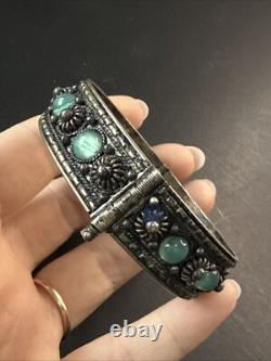 Ancien Bracelet Gourmette En Argent Massif Silver Maille Jonc ethnique boule