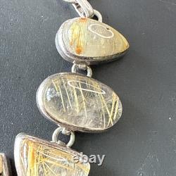 Ancien Bracelet Gourmette En Argent Massif Silver Maille cabochon quartz rutile