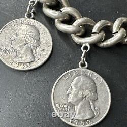 Ancien Bracelet Gourmette En Argent Massif Silver Monnaie tank art nouveau deco