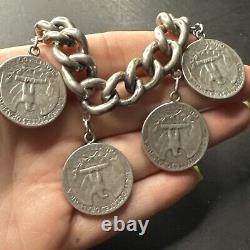 Ancien Bracelet Gourmette En Argent Massif Silver Monnaie tank art nouveau deco