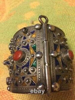 Ancien Bracelet Kabyle Argent Corail et Émail XIXe. 140g Ethnique N°2