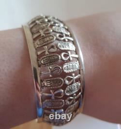 Ancien Bracelet Manchette En Argent Massif Égyptien Ankh Scarabee 44g