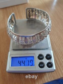 Ancien Bracelet Manchette En Argent Massif Égyptien Ankh Scarabee 44g