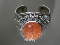 Ancien Bracelet Manchette Pierre Du Soleil Sertie Sur Argent Massif