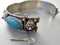 Ancien Bracelet Turquoise Berbere En Argent Massif Poinçon Crabe Kabyle Maroc