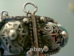 Ancien Bracelet Turquoise Berbere En Argent Massif Poinçon Crabe Kabyle Maroc