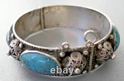 Ancien Bracelet Turquoise Berbere En Argent Massif Poinçon Crabe Kabyle Maroc