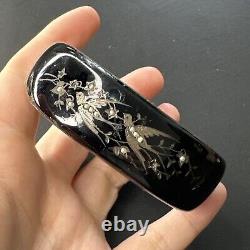 Ancien Bracelet jonc Argent Massif Silver victorian émailler noir art nouveau