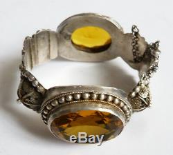 Ancien Bracelet rigide argent massif + pierres jaunes etnique silver