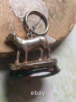 Ancien Cachet Sceau Pendentif Chien Argent Massif Creux Et Jaspe Sanguine