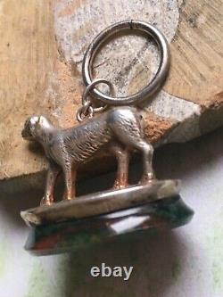 Ancien Cachet Sceau Pendentif Chien Argent Massif Creux Et Jaspe Sanguine