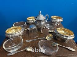 Ancien Coffret 4 Salerons Et Un Moutardier En Argent Massif Poinçon Minerve