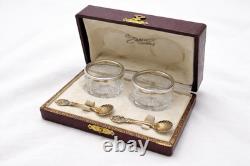 Ancien Coffret Salerons Cristal Taillé Monture Argent + Cuillères Sel Vermeil 19