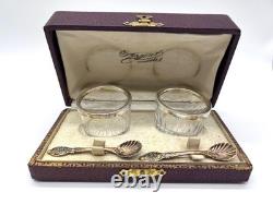 Ancien Coffret Salerons Cristal Taillé Monture Argent + Cuillères Sel Vermeil 19