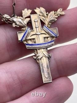 Ancien Collier Croix Épée WW1 Argent Massif Vermeil Becker Croix Victoire Patria