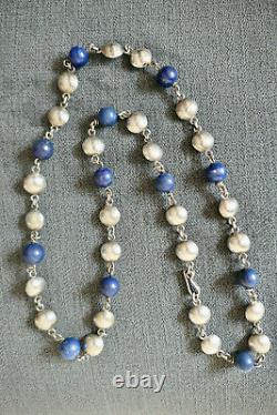 Ancien Collier En Argent Massif Sertie De Boule De Lapis Lazuli