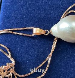 Ancien Collier Pendentif Or Rose Argent Massif, Énorme Perle Véritable Baroque