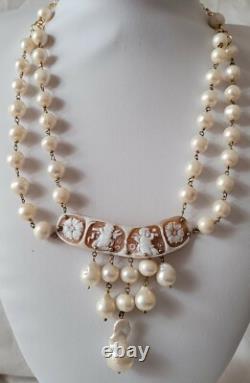 Ancien Collier Veritable Camée Ange 2 Rangs Vrai Perles / Vermeil # K21