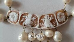 Ancien Collier Veritable Camée Ange 2 Rangs Vrai Perles / Vermeil # K21