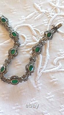 Ancien Et Beau Bracelet Argent Massif Art Déco Avec Imitation Émeraude