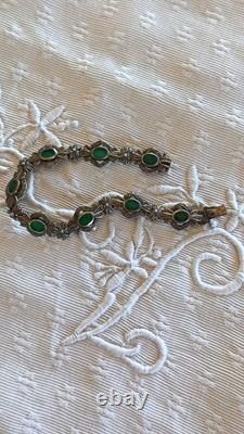 Ancien Et Beau Bracelet Argent Massif Art Déco Avec Imitation Émeraude