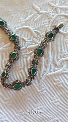 Ancien Et Beau Bracelet Argent Massif Art Déco Avec Imitation Émeraude