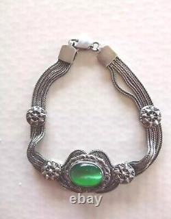 Ancien Et Rare Bracelet Argent Massif 925 XIXe Pierre Verte