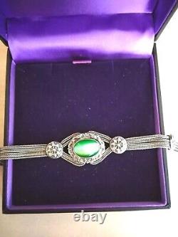 Ancien Et Rare Bracelet Argent Massif 925 XIXe Pierre Verte