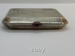 Ancien Étui Boîte A Cigarettes Argent Massif Rubis En Cabochon Art Nouveau 1922