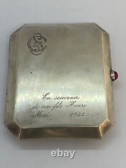 Ancien Étui Boîte A Cigarettes Argent Massif Rubis En Cabochon Art Nouveau 1922