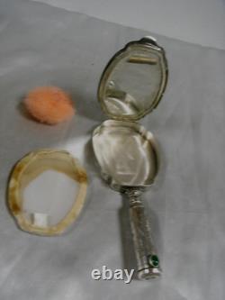 Ancien Face A Main Argent Massif Nécessaire Miroir Poudrier Étui Rouge A Levre