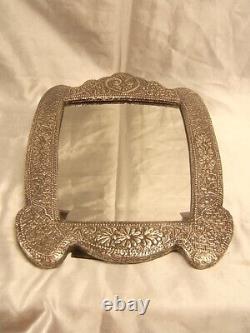 Ancien Grand Miroir Biseaute A Poser Argent Massif Repousser Antic Glass