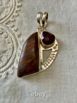 Ancien Pendentif Argent Massif Boulder Opal Et Grenat Unique Créateur