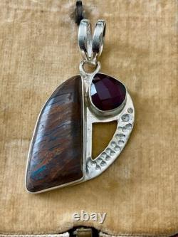 Ancien Pendentif Argent Massif Boulder Opal Et Grenat Unique Créateur