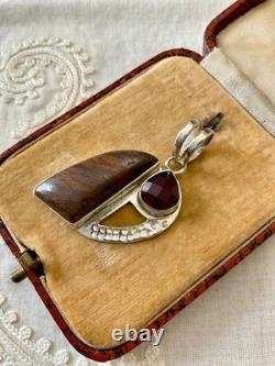 Ancien Pendentif Argent Massif Boulder Opal Et Grenat Unique Créateur